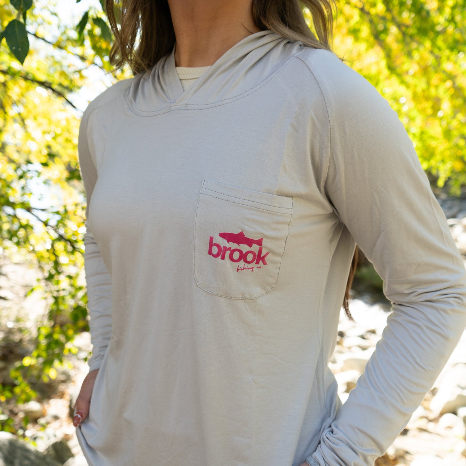 Detailed view of the bamboo fabric texture on a women’s gray UPF 50+ sun hoodie.