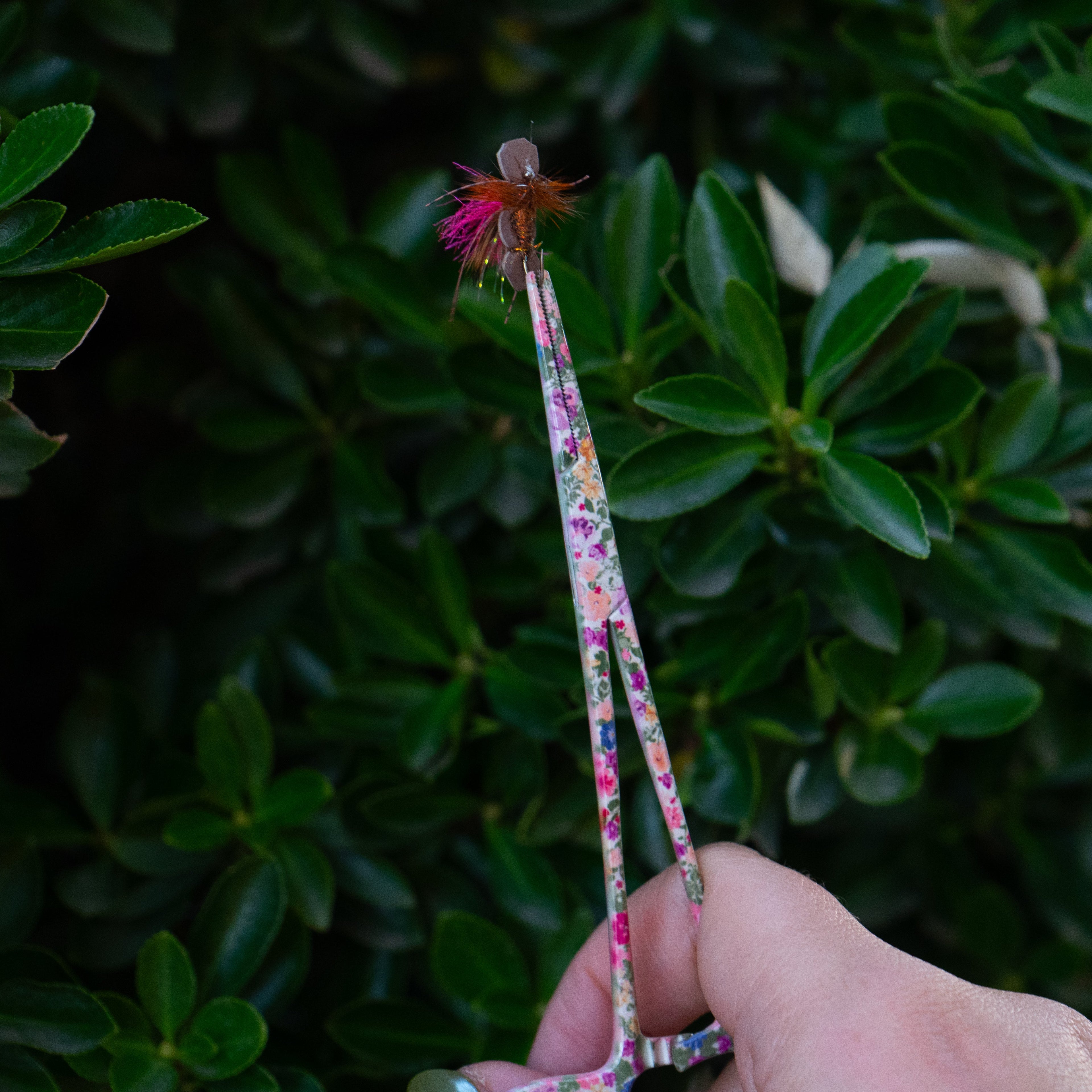 Brook Floral Hemostats holding a dry fly in the tip, showing precise grip and control with feminine floral stainless steel design for women fly fishers.