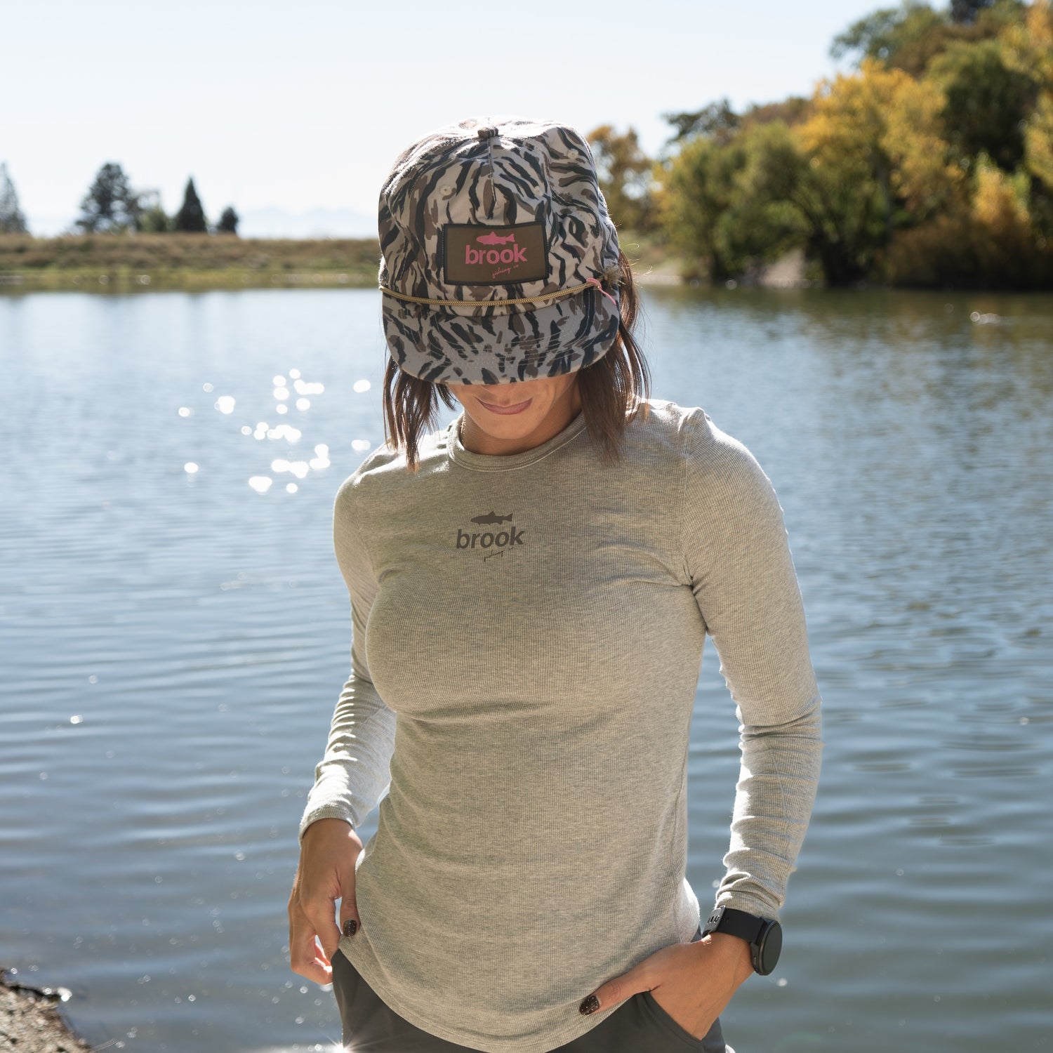 Detailed view of ribbed modal texture and light gray Brook Fishing Co. logo on the Stillwater Modal Tee.