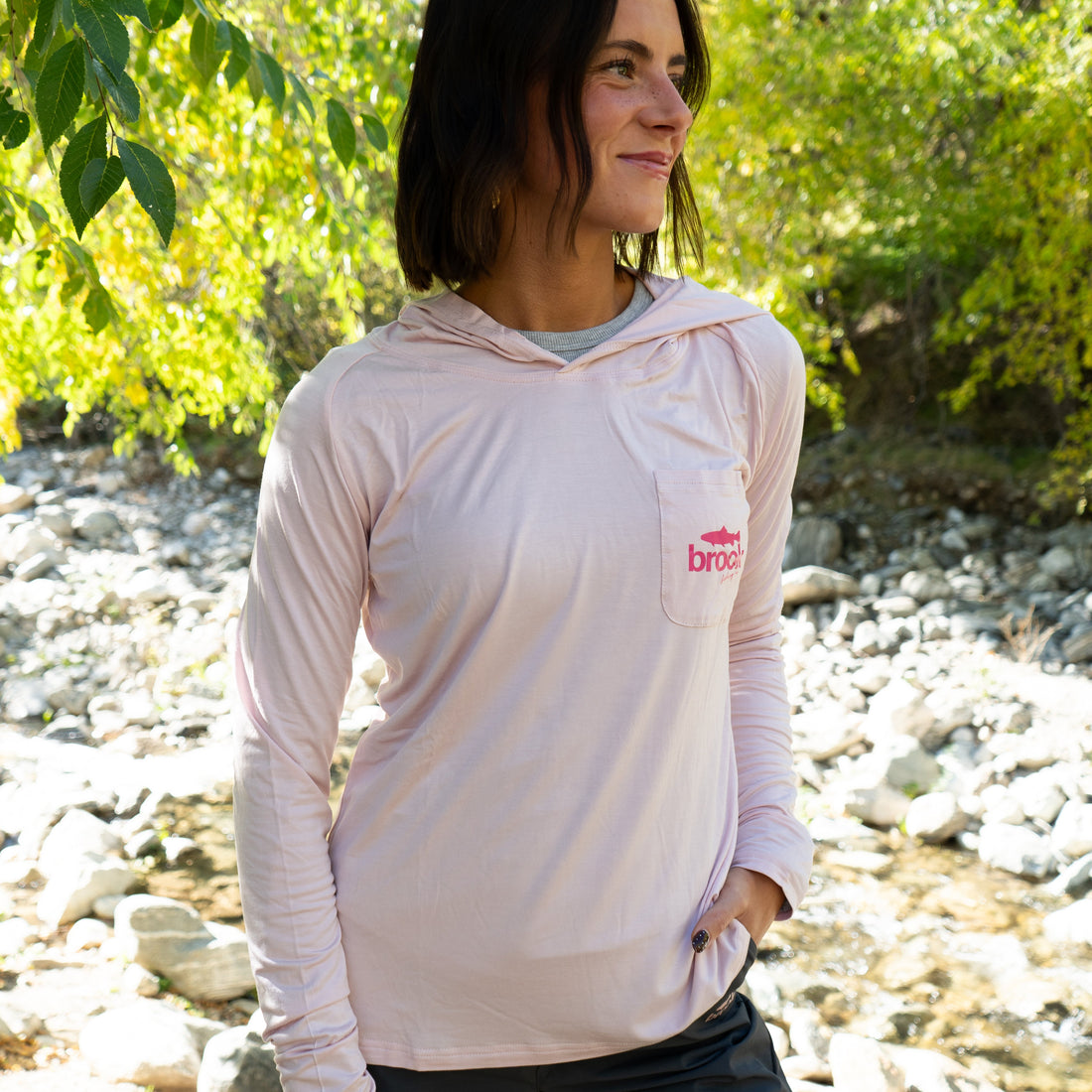 Detailed shot of the soft bamboo material on the Pink Brook Bamboo Sun Hoodie showing texture and quality stitching.